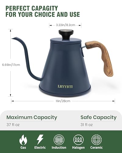 Gooseneck Kettle Stovetop, Blue, 37 fl oz | Thermometer, 3-Layer Base, Pour Over Kettle, Stainless Steel, Compatible with all Stove Tops - color: Blue