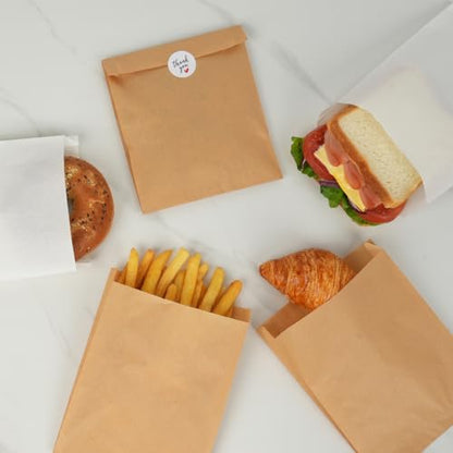 200 Pack Paper Sandwich Bags with Seal Stickers, 6"×8"×1" Unbleached Natural Kraft Paper Bakery Bags for Lunch Packing, Cookies, Treats, Snacks, Pastry, Baked Goods - color: Brown
