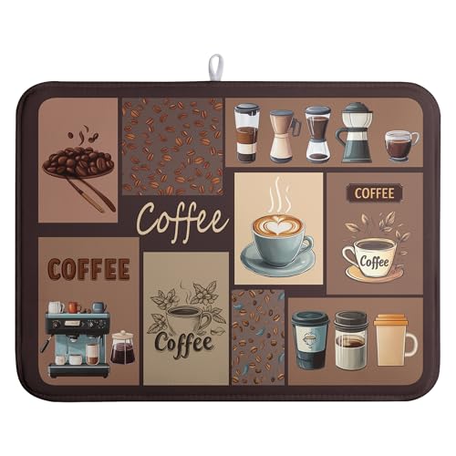 Coffee Theme Dish Drying Mats for Kitchen Counter Absorbent Microfiber Dish Drainer Mats Brown Pattern Coffee Bar Mat for Countertop Washable Dishes Drying Pad Extra Large 18x24 Inch - color: Coffee, size: 18" x 24"