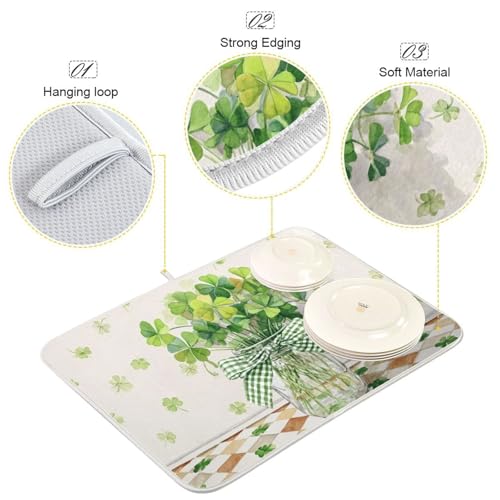 Kcldeci Dish Drying Mat for Kitchen Counter, Clovers in A Mason Jar Absorbent Dish Drainer Dish Drying Pad for Countertops,Sinks,Draining Racks 18x24in - size: 18x24in