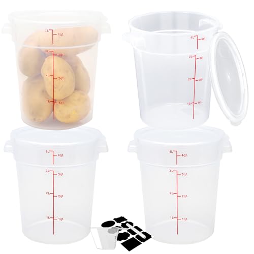 BIEAMA 4 Pack 4 Qt Round Food Storage Containers with Lids, Translucent PP | Include lids, labels, measuring cups and containers with capacity markings for food prep, pantry storage and dough proofing. - color: 4Qt Round-4 Pack