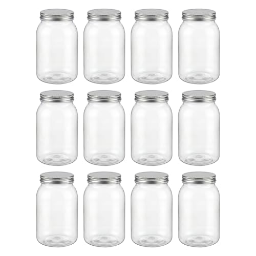 novelinks 32 oz Clear Plastic Jars with Lids and Plastic Mason Jars 32 oz | 12 Pack, Silver, Plastic Quart Containers with Lids, Quart Mason Jars Bulk, Large Jars, Mason Jars for Centerpieces - color: Silver