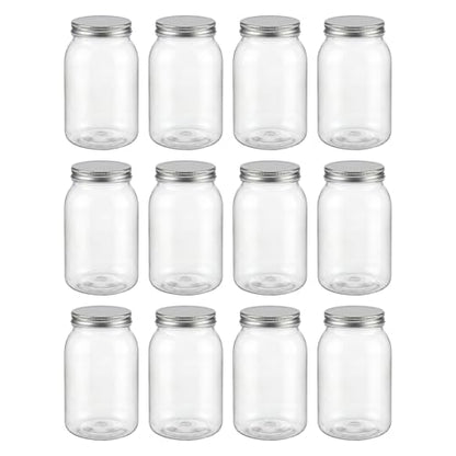 novelinks 32 oz Clear Plastic Jars with Lids and Plastic Mason Jars 32 oz | 12 Pack, Silver, Plastic Quart Containers with Lids, Quart Mason Jars Bulk, Large Jars, Mason Jars for Centerpieces - color: Silver