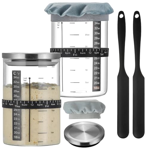 Wissy&Konny Sourdough Starter Jar,2PACK 35OZ Wide Mouth with Ounce Scale line,Date Marked Feeding Band, Thermometer, Sourdough Jar Scraper, Cloth Cover & Stainless Steel Lid Sourdough Starter Kit - color: Steel Lid-2 Pack