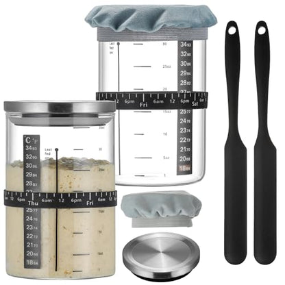 Wissy&Konny Sourdough Starter Jar,2PACK 35OZ Wide Mouth with Ounce Scale line,Date Marked Feeding Band, Thermometer, Sourdough Jar Scraper, Cloth Cover & Stainless Steel Lid Sourdough Starter Kit - color: Steel Lid-2 Pack