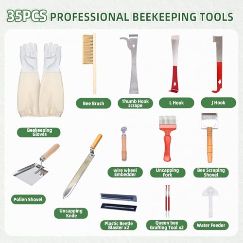 POLLIBEE 35Pcs Beekeeping Supplies Starter Kit with Bee Suit,Smoker & Frame Holder, Complete Bee Hive Tools Set with Oxford Bag for Beginner Beekeepers Men Women (XL)