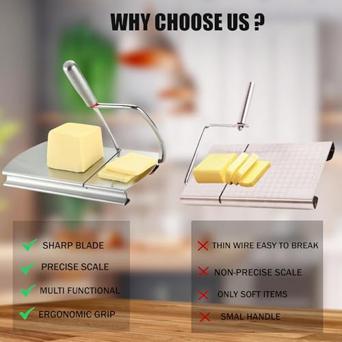 EVER FOUND Stainless Steel Cheese Slicers for Block Cheese Heavy Duty-Multipurpose Cheese Cutter Board with Sharp Knife, Precision Scale and Anti Slip Rubber Pads for cutting Block Cheese & Much More