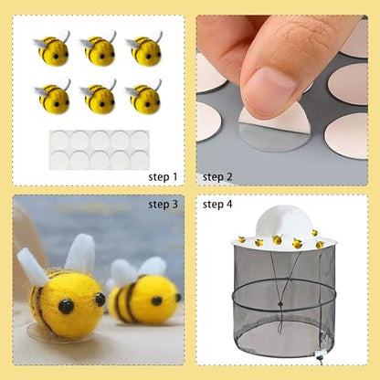 18Pcs Beekeeper Set Including 1Pc Bee Hat and Veil, 6Pcs Wool Felt Bee,10Pcs Double Side Tape and Yellow Felt Bucket for Men Women Beekeeping Supplies Halloween Costume