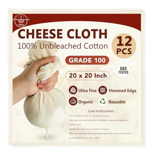 BETTY&SARAH 12 Pack Grade 100 Cheese Cloths, 20x20 Inch Unbleached Cotton | Reusable food grade cotton, hemmed 4 edges, ultra fine mesh for nut milk, yogurt, cheese making, juicing & baking - size: 12 Pack