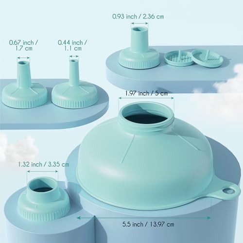 Pisol Wide Mouth Versatile Funnel, Canning Funnels for Kitchen Use, Food Grade Plastic Cooking Funnel Set with 4 Size Spouts and 2 Strainers for Filling Different Bottles and Bags, Teal
