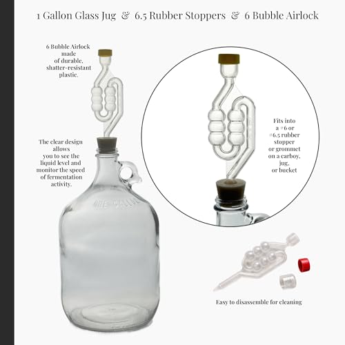 North Mountain Supply 1 Gallon Glass Fermenting Jug with Handle – Set of 4 – Includes 6.5 Rubber Stoppers, 6-Bubble Airlocks, Black Plastic Lids, and Cleaning Brush – 38mm CT Finish