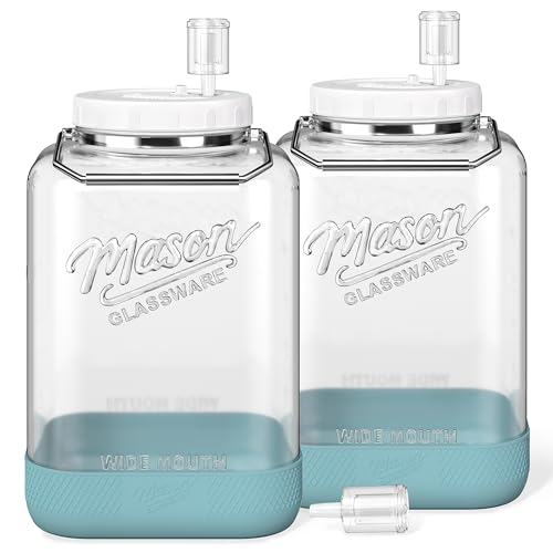 2 Pack Large Fermentation Jars with Airlock, 2 Gallon Glass Jar with Airtight Lid-Wide Mouth Mason Jar with Handle & Non-slip Base for Mead Making & Kombucha, Pickle Jar, Kimchi Containers