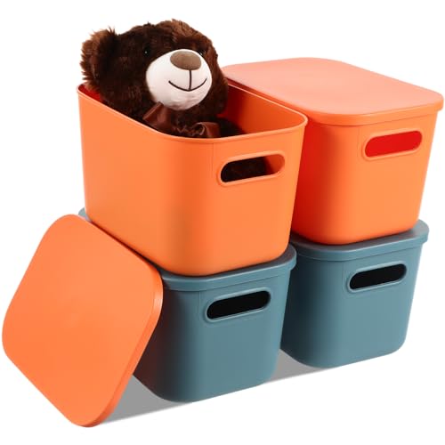Hoolerry 8 Pieces Colorful Storage Bins with Lid, Plastic Storage Basket Organizing Container Stackable Box with Handle for Shelves Desktop Playroom Office(10.2 x 7 x 6.3 Inch,Blue and Orange) - color: Blue and Orange, size: 10.2 x 7 x 6.3 Inch