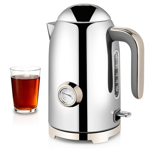 SUSTEAS Electric Kettle - 57oz Hot Tea Water Boiler with Thermometer, 1500W Fast Heating Stainless Steel Pot, Cordless LED Indicator, Auto Shut-Off & Boil Dry Protection, Glossy Silver - color: Glossy Silver