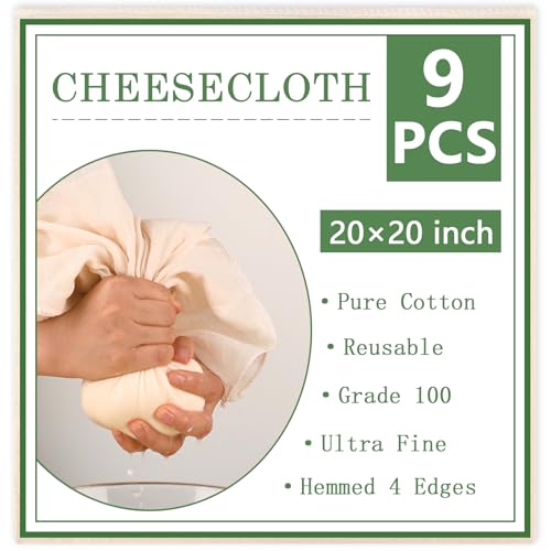 WMKGG 9 PCS Cheese Cloths, Grade 100, 20x20 Inch Cotton Cheesecloth with Hemmed 4 Edges, Reusable Unbleached Fine Mesh Cheesecloth for Straining, Cooking, Juicing, Cheese Making, Baking, Yogurt - size: 9pcs 20"x20"Cheese Cloth
