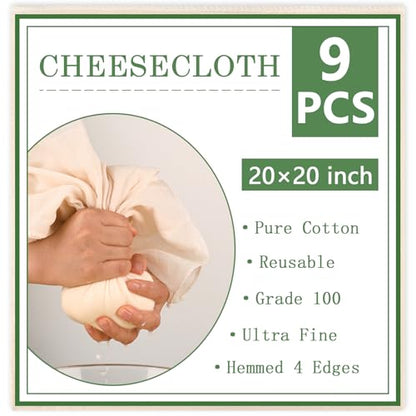 WMKGG 9 PCS Cheese Cloths, Grade 100, 20x20 Inch Cotton Cheesecloth with Hemmed 4 Edges, Reusable Unbleached Fine Mesh Cheesecloth for Straining, Cooking, Juicing, Cheese Making, Baking, Yogurt - size: 9pcs 20"x20"Cheese Cloth