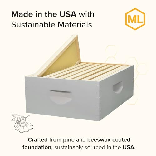 Mann Lake 8-Frame Medium Super Kit, Fully Assembled 6⅝" Super Box with 8 Durable Frames & Beeswax-Coated Plastic Foundation for Honey Storage, Beekeeping and Hive Expansion, Made in USA, Painted - color: Painted Deep Hive Kit