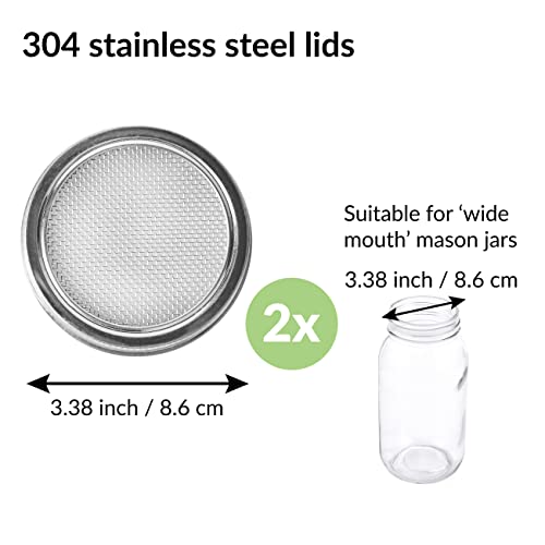 2 Pack Seed Sprouting Jar Lids | For 3.38" Wide Mouth Mason Jars | Fresh Sprouts at Home | Strainer Screen for Canning Jars | 304 Stainless Steel Lid for Growing Broccoli, Alfalfa, Beans & More - size: 2-Pack Wide Mouth