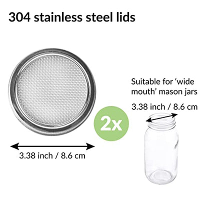 2 Pack Seed Sprouting Jar Lids | For 3.38" Wide Mouth Mason Jars | Fresh Sprouts at Home | Strainer Screen for Canning Jars | 304 Stainless Steel Lid for Growing Broccoli, Alfalfa, Beans & More - size: 2-Pack Wide Mouth