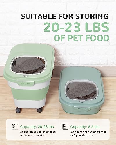 20-23 Lbs Dog Food Storage Container Airtight,Collapsible Pet Food Storage | Dog Food Container with Double Airtight Seal & Magnetic Lid,Cat Food Container with Wheels for Easy Moving,Small Jar,Scoop - color: Green&White