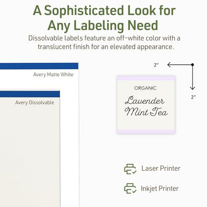 Avery Dissolvable Square Labels, Sure Feed Technology, 2" x 2", Matte White, Print-to-The-Edge, Laser/Inkjet Printable, 300 Labels Total - style: 300 labels