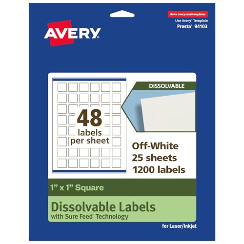Avery Dissolvable Square Labels, Sure Feed Technology, 1" x 1", Matte White, Print-to-The-Edge, Laser/Inkjet Printable, 1200 Labels Total - style: 1,200 labels