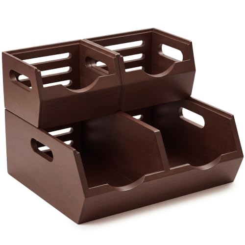 HOMESTEAD Stackable Solid Wood Storage Bins for Kitchen Pantry & Countertop, Ventilated Potato and Onion Basket Organizer with Handles, Wooden Produce Storage Containers, 3-Pack, Chestnut Finish - color: Chestnut