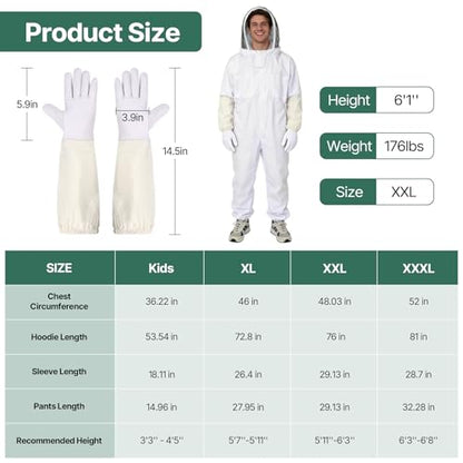 Bee Suit, Full Body Beekeeping Suit with Veil Hood (5'9''-5'11'') | Professional Beekeeping Outfit, Includes Gloves, for Beekeepers and Beginners - size: L for 5'9''-5'11''