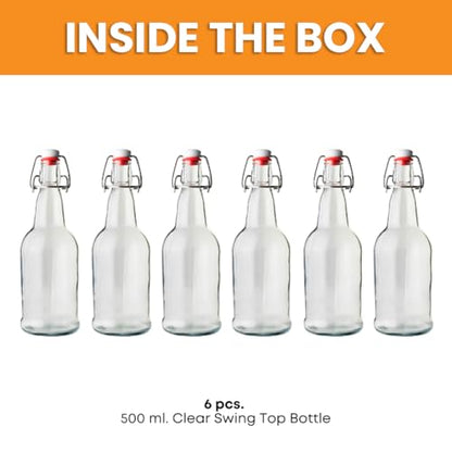 FastRack 16 oz Clear Swing Top Glass Bottles – 6 Pack | Flip Top Airtight Bottles (Not Olive Oil Style) | Reusable Bottles for Kombucha, Beer, Soda & Fermentation - color: Clear