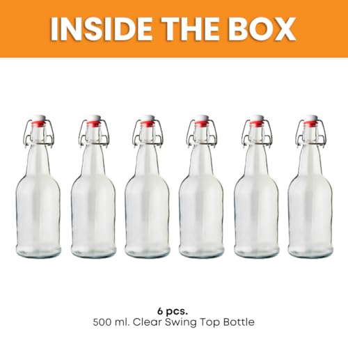 FastRack 16 oz Clear Swing Top Glass Bottles – 6 Pack | Flip Top Airtight Bottles (Not Olive Oil Style) | Reusable Bottles for Kombucha, Beer, Soda & Fermentation - color: Clear