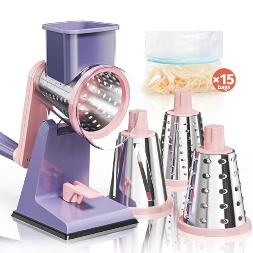 Upgraded Rotary Cheese Grater with 3 Interchangeable Stainless Steel Drums, One-Press Powerful Suction Manual Vegetable Shredder&Slicer for Kitchen, 15pcs Storage Bags Included, Pinkish Purple - color: Pinkish Purple
