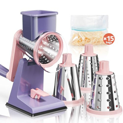 Upgraded Rotary Cheese Grater with 3 Interchangeable Stainless Steel Drums, One-Press Powerful Suction Manual Vegetable Shredder&Slicer for Kitchen, 15pcs Storage Bags Included, Pinkish Purple - color: Pinkish Purple