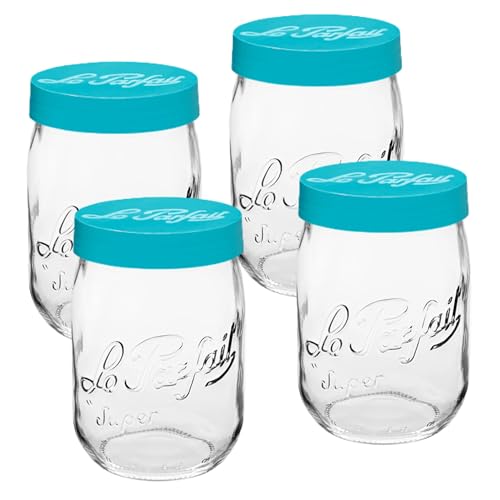 Le Parfait Eco-Friendly Zero Waste Wide Mouth Glass Jar with Airtight Screw Top Lid – Reusable French Storage Jar for Food, Soup, Flour, Sugar, Canning & Baking (1L/32oz, 4 Pack, Teal) - color: 1L-Teal (Set/4)