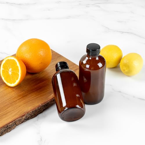 Restaurantware Vetri 8 Ounce Boston Glass Bottles, 12 Sample Bottles With Black Phenolic Caps - Dishwashable, Round, Amber Glass Bottle, For Potion, Juice, Ginger Shots, Whiskey, Liquids - color: Amber, size: 8 oz