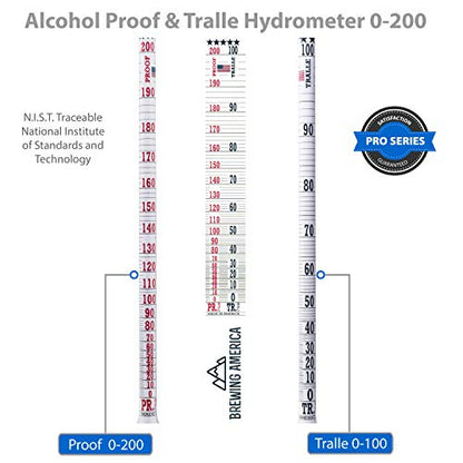 USA-Made Alcohol Hydrometer Tester 0-200 Proof & Tralle Pro Series Traceable - Distilling Moonshine Alcoholmeter for Proofing Distilled Spirits