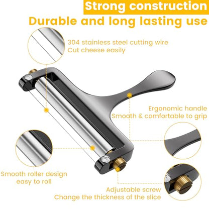 TOPULORS Wire Cheese Slicer Handheld Cutter with 1Extra Wire, Gunmetal Gray | Stainless Steel Cheese Cutter Wire for Mozzarella, Cheddar, Gruyere, Adjustable Thickness Cheese Shaver for Block Cheese - color: Gunmetal grey - Wire cheese slicer