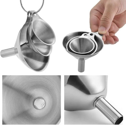 3 Pack Stainless Steel Funnels Set - Large & Small Food Grade Mini Metal Kitchen Funnels for Transferring Essential Oils, Liquids, Fluids, and Filling Bottles or Flasks，Silver