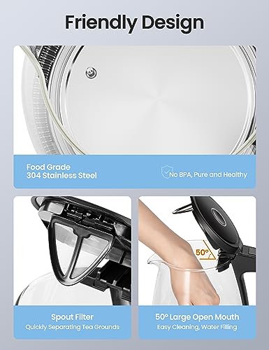 COMFEE' 1.7L Glass Tea Kettle and Kettle Water Boiler - Electric Kettle Temperature Control with 6 Presets, 2-Hr Keep Warm, Fast Heating, 304 Stainless Steel, Auto-Off and Boil-Dry Protection - color: Transparent Digital, size: 1.8 Quarts