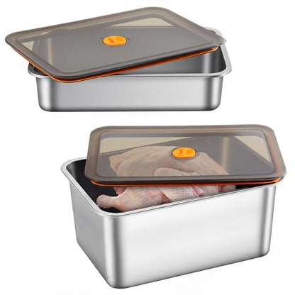 Reallnaive 2 Pcs Stainless Steel Marinade Containers with Lid, 3.3 Qt 9.6 Qt Metal Meat Brining Containers, Brining Prepstorage Box Dishwasher Safe Bpa Free for BBQ Tailgates Storage - size: 3.3 , 9.6 Qt