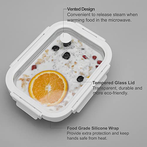 GENICOOK Glass Food Storage Meal Prep Containers - Food Grade Silicone Wrap & Air Release Vent, Rectangular shape - 8 Pc Set (4 Containers - 4 Matching Lids) - color: White silicone