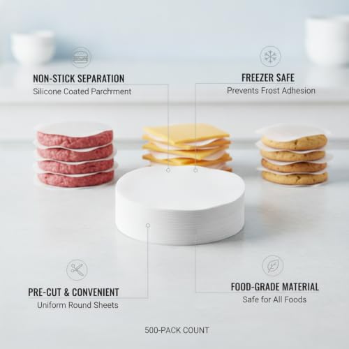 500-Count Pre-Cut Silicone Coated Parchment Sheets, Food Separation Paper for Freezer Storage, Burger Patties, and Cheese - size: 7.87 x 3.15 x 2.36 in
