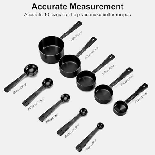 Bopei Measuring Cups and Spoons Set, Titanium-Plated Matte Black Stainless Steel 10 Piece for Cooking and Baking (5 Cups + 5 Spoons All Black) - color: All Black