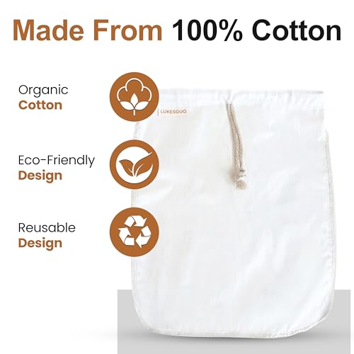 Organic Cotton Nut Milk Bags 3 Pack (10x12, 12x12, 13x13) Reusable Food Grade Fine Mesh Strainer for Almond Milk, Oat Milk, Cold Brew Coffee, Yogurt, Juice, Tea, Cheesecloth, Unbleached Cotton