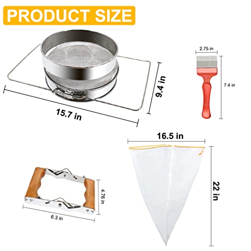 MayBee Double Sieve Honey Harvesting Kit for Beekeepers, Beekeeping Starter Kit Set of 5, Double Sieve Honey Strainer Stainless Steel, Frame Grip, Uncapping Fork, Honey Gate, Honey Filter Bag
