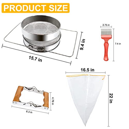 MayBee Double Sieve Honey Harvesting Kit for Beekeepers, Beekeeping Starter Kit Set of 5, Double Sieve Honey Strainer Stainless Steel, Frame Grip, Uncapping Fork, Honey Gate, Honey Filter Bag