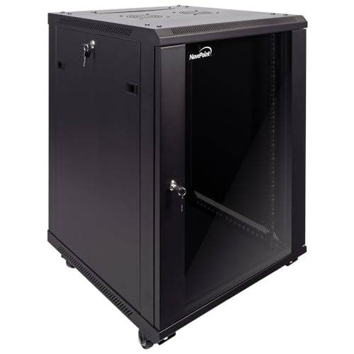 NavePoint 15U Server Cabinet Wall Mount Rack Enclosure with Caster Wheels, 2 Fans, Locking Glass Door, Removable Side Panels – 15U Network Cabinet 23.6” Deep, 19” Server Rack for IT Equipment - size: 15U - 600mm Depth