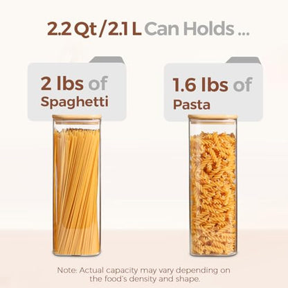 ComSaf Glass Spaghetti Pasta Storage Containers with Lids 2.2 Qt Set of 3, Tall Clear Airtight Food Storage Jar with Lid for Noodles Flour Oat Cereal Sugar Beans, Square Spaghetti Pantry Containers - size: 2.2Qt*3