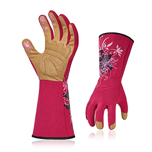 Vgo... 1-Pair Ladies' Synthetic Leather Gardening Gloves, Long Sleeves Gauntlet, Breathable & Grip Work Gloves, High Dexterity, Washable (Size M, Red, SL7445) - color: 1 Pair - Red, size: Women's Medium