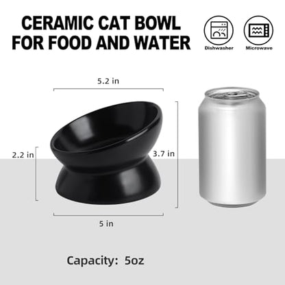 Elevated Ceramic Cat Bowl, 15° Tilted Raised Food & Water Dishes, Anti-Vomiting & Neck Protection Pet Feeder for Kittens, Small Dogs (5.2", Black, 2pc Set) - color: Black, size: 5Inch-2pc