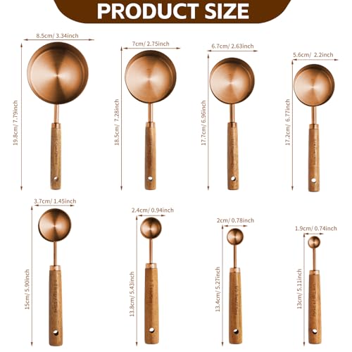 Copper Stainless Steel Measuring Cups and Spoons Set,8 Piece Measuring Cup Set with Wooden Handle and Metric and US Measurements，Copper Polished Finish，for Cooking and Baking in The Kitchen - color: Copper